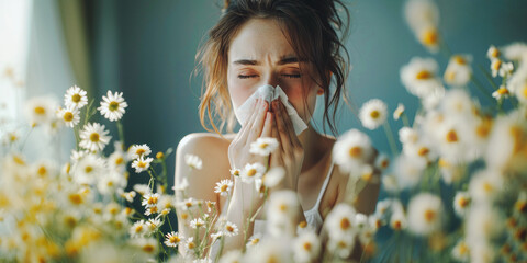
Woman using tissue to sneeze, illustrating the concept of colds, allergies, and illness onset.