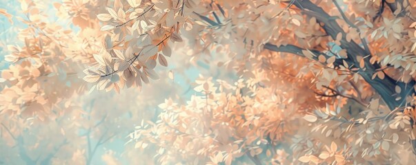 In this artistic rendering, a tree is depicted with pastel leaves softly hanging, enveloping the surroundings in an inviting atmosphere that exudes tranquility