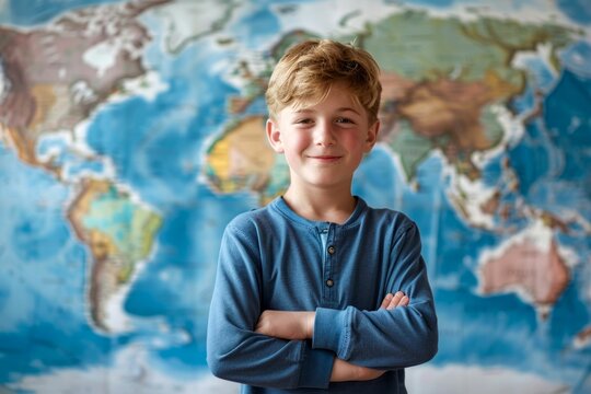 Confident Young Explorer in Front of a World Map. Generative ai