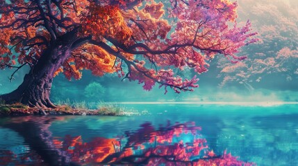 A whimsical tree adorned with vibrant leaves leans gracefully over a serene lake, its reflection casting a spell of magic upon the tranquil waters