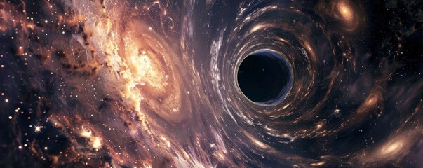 A black hole is shown in the center of a galaxy with stars - obrazy, fototapety, plakaty