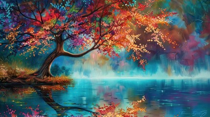 In a scene straight out of a fairy tale, a whimsical tree with vibrant leaves cascades over a serene lake, its reflection weaving a tale of enchantment and wonder. - obrazy, fototapety, plakaty