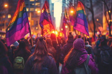 Gay Pride march, feminist and lgbt women with coloured flags on the streets of protest - obrazy, fototapety, plakaty