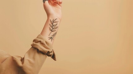 Elegant botanical tattoo displayed on woman's arm against warm beige background, showcasing modern...