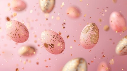 Celebrate Easter with sophistication through floating golden and blush eggs against a gentle pink background, offering a creative and minimalist design.