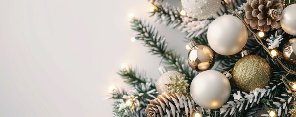 Fototapeta na wymiar A Christmas tree with gold ornaments and white lights