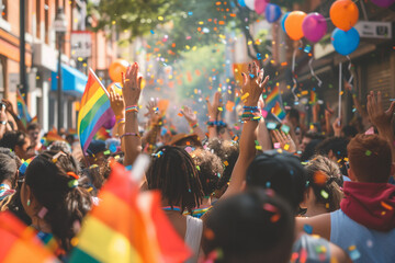 Gay pride celebration, partying and excitement in the streets with rainbow coloured flags and balloons on a city street - obrazy, fototapety, plakaty