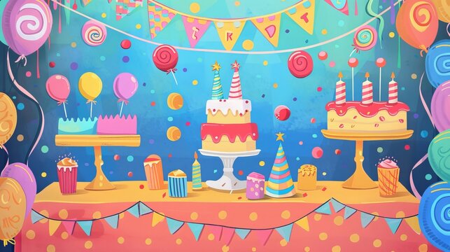 A colorful birthday party with a table full of cakes, cupcakes, and other treats