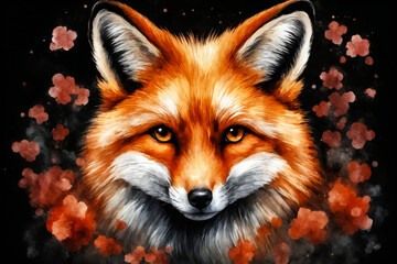 Obraz premium Charming cute red fox with flowers on a black background. Beautiful watercolor illustration. Portrait of a wild forest animal, suitable for clothes, posters, books.