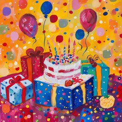 A painting of a birthday party with a cake, presents, and confetti