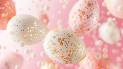 Fototapeta na wymiar Enchanting Easter Egg Display - Delightful Easter eggs adorned in gold and soft pink, floating on a pastel pink background, ideal for a whimsical Easter greeting.