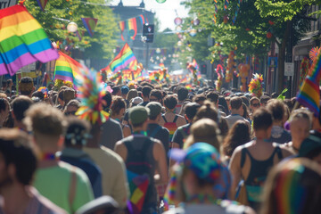 Gay Pride march, men and women filling the streets of a city in lgbt rainbow colours - obrazy, fototapety, plakaty
