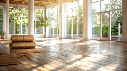 Serene Yoga Studio with Rolled Mats