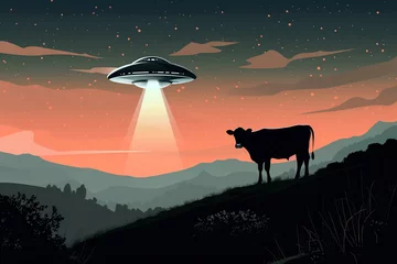 Foto auf Leinwand UFO Abducting a Cow Illustration Wallpaper © Nurple Art