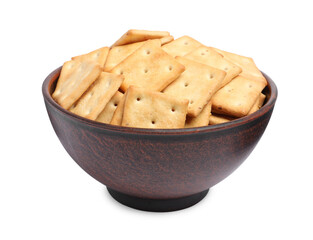 Tasty crackers in bowl isolated on white