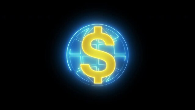 Money, profit, cashflow, investment, economy, finance and success concept. 4K motion graphic animation of usa currency dollar coin with world global icon isolated on transparent background.
