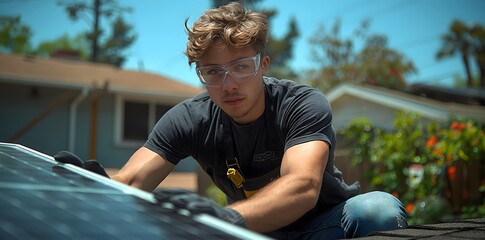 Mann mit schwarzem T-Shirt und Jeans, trägt eine Schutzbrille und arbeitet an einem Solarpanel, Konzept Energiewende, erneuerbare Energie - obrazy, fototapety, plakaty