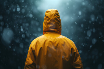 People in yellow raincoats standing in bad weather