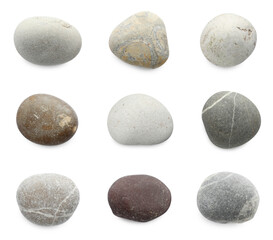 Fototapeta na wymiar Sea pebbles. Different stones isolated on white, set