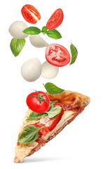 Caprese pizza and ingredients in air on white background