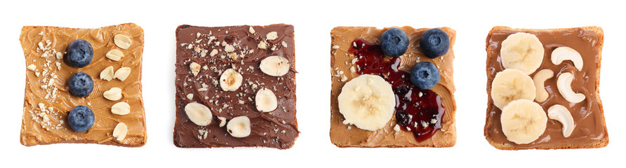 Different tasty nut butter sandwiches isolated on white, top view