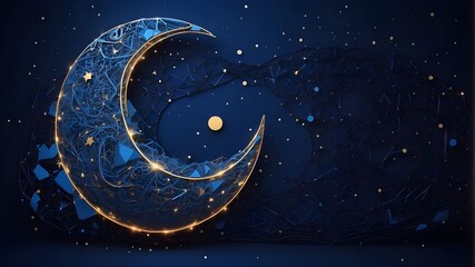 Digital Ramadan moon in an abstract style against a starry night sky. The blue technological crescent is made up of thin lines and linked, illuminating dots. Islamic lunar orbit. Holy Aid. Low-poly wi - obrazy, fototapety, plakaty