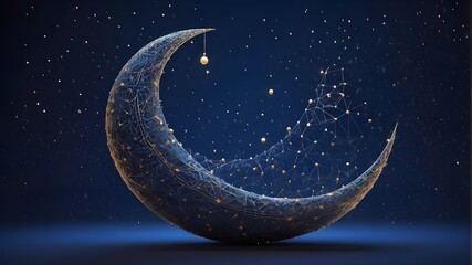 Obraz na płótnie Canvas Digital Ramadan moon in an abstract style against a starry night sky. The blue technological crescent is made up of thin lines and linked, illuminating dots. Islamic lunar orbit. Holy Aid. Low-poly wi