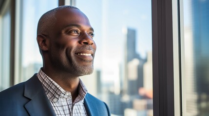 optimistic black businessman executive CEO in corporate modern office thinking contemplating and looking out window skyscraper cityscape daytime  - obrazy, fototapety, plakaty