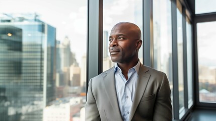 optimistic black businessman executive CEO in corporate modern office thinking contemplating and looking out window skyscraper cityscape daytime  - obrazy, fototapety, plakaty