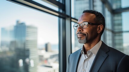 mature optimistic black businessman executive CEO in corporate modern office thinking contemplating and looking out window skyscraper cityscape daytime 