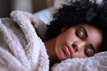Afro woman sleeping peacefully in the bedroom of a luxury hotel