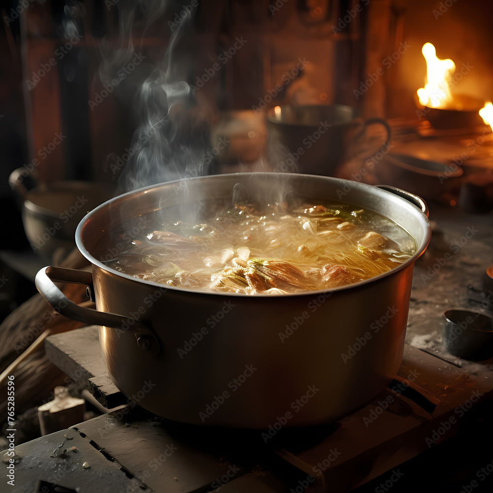 Sticker A close-up of a pot of bubbling soup in a rustic kitchen