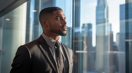 young optimistic black businessman executive CEO in corporate modern office thinking contemplating and looking out window skyscraper cityscape daytime with room for text - obrazy, fototapety, plakaty