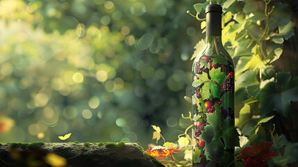 The vine bottle, a vessel of stories, adorned with the hues of abstract memories.
