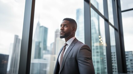 young, optimistic black businessman executive CEO in corporate modern office thinking contemplating and looking out window skyscraper cityscape daytime  - obrazy, fototapety, plakaty