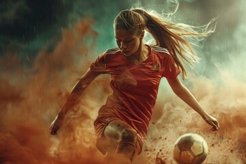 Dynamic image of a girl soccer player playing in the rain in an orange uniform - obrazy, fototapety, plakaty