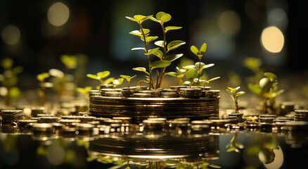 Konzept Kapitalwachstum, Pflanzen sprießen aus Geldmünzen, Zuwachs des Vermögens, Rendite - obrazy, fototapety, plakaty