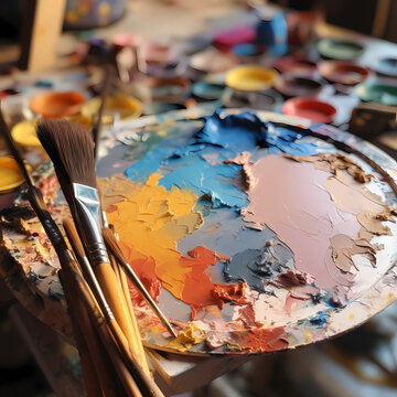A close-up of a painters palette and brushes.