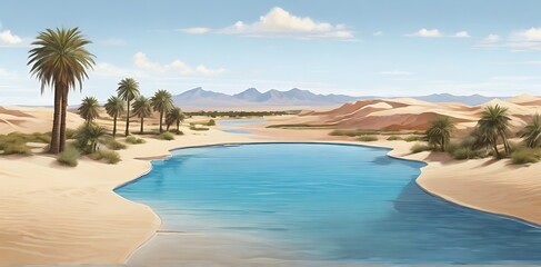 Fototapeta na wymiar A desert oasis with palm trees, a shimmering blue pool, and sand dunes stretching into the distance.