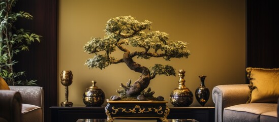 An overhead view of a wooden table with a small, miniature bonsai tree placed prominently in the center of the table