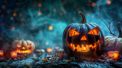A group of jack o lantern pumpkins sit atop a field, their flickering candlelight casting a warm glow in the dark Halloween night - obrazy, fototapety, plakaty