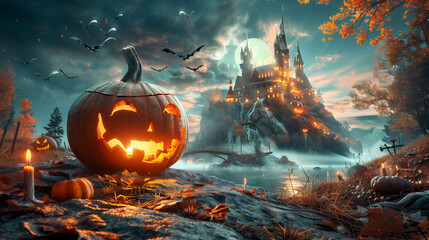 A spooky Halloween scene featuring pumpkins and a mystical castle under the moonlight, creating a magical atmosphere - obrazy, fototapety, plakaty
