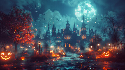 A spooky Halloween scene with vibrant pumpkins scattered across the foreground and an eerie castle looming in the background