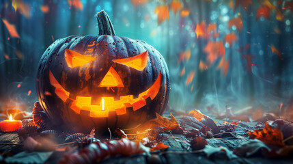 A vibrant jack o lantern pumpkin stands out in the serene setting of a mystical forest, radiating an eerie glow in the darkness