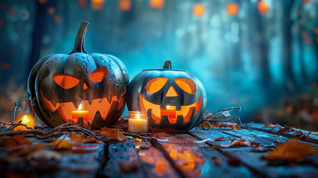 Two intricately carved Jack O Lantern pumpkins, glowing with flickering candlelight, rest elegantly on a rustic wooden table