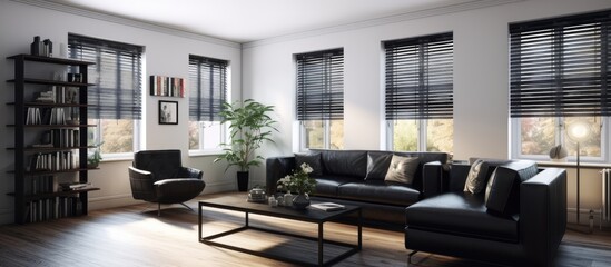 A wellappointed living room in a house with a couch, chair, coffee table, and bookshelf. The room also features a large window, plants, and elegant flooring