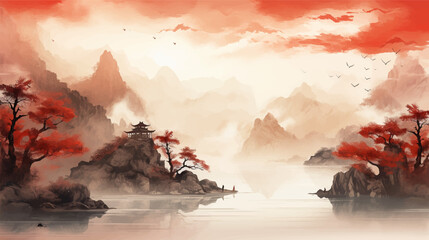 Abstract beautiful traditional chinese or japanese temple house hill with river, cloudy and mountain scenery landscape watercolor painting wallpaper oriental background. Clouds, mountain, river © Pickoloh