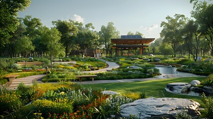 Fototapeta na wymiar park scene with lush greenery, tranquil ponds, and winding pathways, capturing the beauty of nature in ultra-realistic 16k resolution