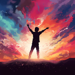 A silhouette of a person jumping against a colorful background