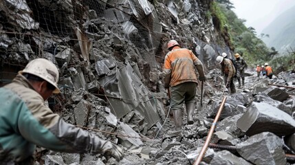 A group of workers laboring to reinforce a mountain slope with sy rocks and metal barriers in an effort to prevent future landslides. The daunting task is made even more difficult - obrazy, fototapety, plakaty